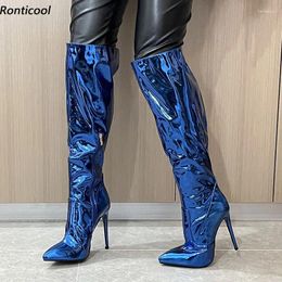 Boots Ronticool Handmade Women Winter Knee High Side Zipper Stiletto Heels Pointed Toe Blue Dress Shoes Ladies Plus US Size 5-15