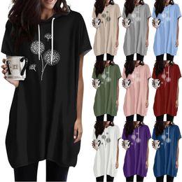 Women's T Shirts Hoodies Casual Short Sleeve Fashion Print Tunic Tops With Pockets Plus Size Clothing Round Neck Pullover