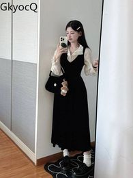 Work Dresses GkyocQ Korean Chic Women Elegant Two Piece Sets Apricot Long Sleeve Shirt Sleeveless Vest High Waist Slim Black Velvet Dress