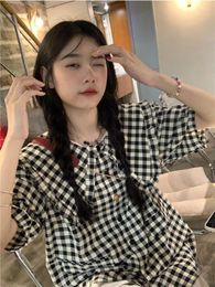 Women's Blouses Women Shirts Retro Vintage Plaid Lovely Casual Summer Preppy Style Cute All-match Schoolgirl Simple Sweet Clothes Tops