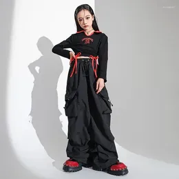 Clothing Sets Kid Hip Hop Black Drawstring Crop Top Long Sleeve T Shirt Casual Wide Cargo Pants For Girl Jazz Dance Costume Clothes