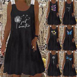 Womens Dandelion Floral Butterfly Letter Print Round Neck Lace Sleeveless Dress