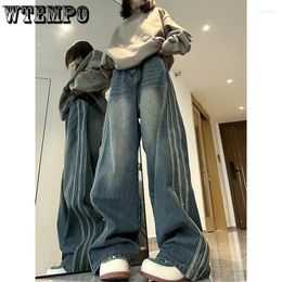 Women's Jeans WTEMPO Fashion Side Striped Design Micro Flared Women Fall Winter High Waist Loose Blue Wide Leg Denim Pants
