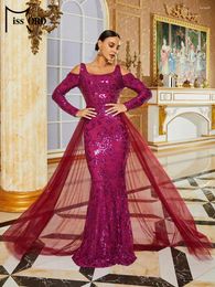 Casual Dresses Missord 2024 Purple Sequin Prom Dress With Train Elegant Women Long Sleeve U-neck Bodycon Mermaid Party Evening Gown