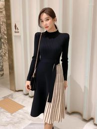 Casual Dresses 2024 Women Half High Collar Temperament Lace-Up Knitted Autumn Winter Mid Length Version Over The Knee Large Swing Skirt