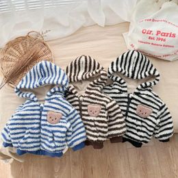 Jackets Baby Boys Hairy Jacket 2024 Winter Striped Zipper Hooded Lamb Wool Infant Coat Thick Embroidery Bear Toddler