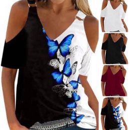 Women's Blouses V-neck Hollowed-out Top Floral Print T-shirt Stylish Summer Pullover Tops With Cold Shoulder Buckle Decor For