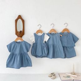 Girl Dresses HoneyCherry Summer Boys And Girls Thin Denim Short Sleeve Shirt Shorts Set Dress Soft Romper Baby Clothes