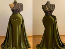 Luxury Long Evening Dresses 2021 High Neck Mermaid Style Beaded Dubai Women Olive Green Satin Formal prom Gowns7572585