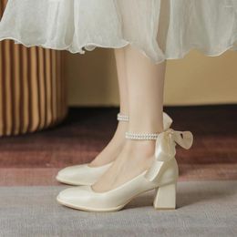 Dress Shoes High Heels Women's 2024 Fashion Bow Thick Heel Square Toe Mary Jane Elegant Medium Party