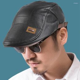 Ball Caps Vintage PU Leather Beret Hats For Men Autumn Winter Faux Hat Father Men's Visor Warm Flat Peaked Cap Adjustable
