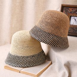 Women Summer Seaside Dome Sun Paper Straw Hat Beach Fisherman Hat Po Vacation Wind Woven Straw Hat 240412