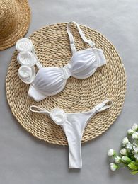 Women's Swimwear Sexy 3D White Flower Push Up Wrinkled Micro Mini Bikinis Sets Two Pieces Padded Thong Female Bathing Suit Biquini