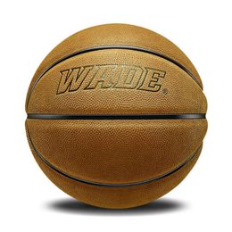 WADE Yellow Cowhide Basketball for Outdoor Size 7 Genuine Leather Adult Ball with Free Tools 240407