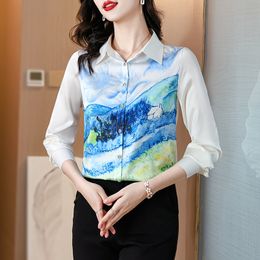 New Arrival Vintage Print Womens Ladies Top Shirt Blouse Collar Button Font Long Sleeve Casual Party OL Office Vacation Workwears Spring Summer Fall Dropshipping