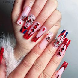 False Nails 24pcs 3D Spider Fake Nails Red French Balletcore Press on Nails Full Cover Wearable For Lady Women European False Nail Patches Y240419NOR7