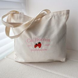 Bags California EST.1850 Strawberries Vintage Embroidered Women Aesthetic Handbag 90s Street Fashion Reusable Canvas Shopping Bags