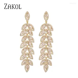 Dangle Earrings ZAKOL Zircon Leaf Long Bridal For Women Cubic Zirconia Drop Earring Elegant Bridesmaid Wedding Jewellery