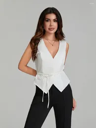 Women's Vests Elegant Fashion Summer Sleeveless V-Neck Tie-up Vest Tops Cropped Waistcoat With Belted Solid Colour Slim Outerwear