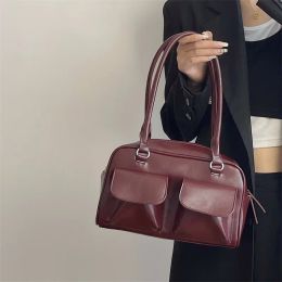 Bags Vintage Women Business Shoulder Bags Simple Ladies Commute Tote Bag Pu Leather Female Underarm Bag Burgundy Large Handbags Purse