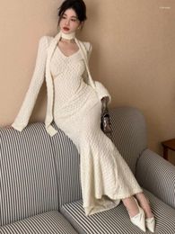 Casual Dresses V-neck Mesh Splicing Hollow Sexy Long-sleeved Dress Women 2024 Spring Korean Solid Colour Elegant Knitted With Scarf