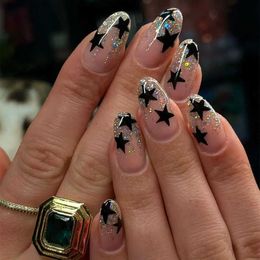 False Nails 24pcs Shiny Sequins Decor Fake Nail Patch with five-pointed star False Nail Full Cover Wearable Press on Nails Tips for Girls Y240419