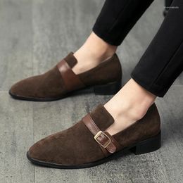 Casual Shoes Dress Men British Suede Stitches Pointed Toe Buckle Slip On Classic Fashion Business Loafers Wedding Zapatos Hombre