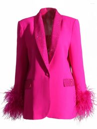 Women's Jackets Luxury Blazer Nuture Real Stitched Ostrich Feathers Bright Diamond Fashionable Shawl Style Loose White Suit With 3d Sleeves