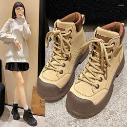 Casual Shoes 2024 Arrival Ladies High-top Leather Flat Sneakers Women Fashion Running Brown Lace-up Leisure Shoe