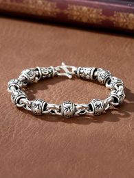 Link Bracelets HX Silver Colour Six Word True Round Bead Blessing Bracelet For Men And Couples Retro Small Jewellery