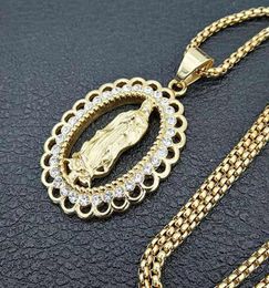 Pendant Necklaces Hip Hop Rhinestones Pave Bling Iced Out Stainless Steel Virgin Mary Pendants Necklace For Men Rapper Jewellery Dro3339427