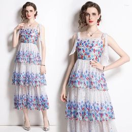 Casual Dresses French Romantic Glam Blue Color Floral Women Beach Sexy Shoulder Off Spaghetti Strap Cascading Ruffle Fairy Vestidos