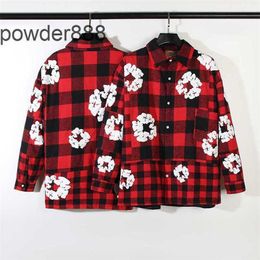Spring and Autumn American Street Trendy Cotton Print Checkered Popular Shirt Damaged Tassel Coat Mens Womens Jackets