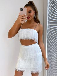 Work Dresses 2024 Summer Sexy Club Party Style Sling Short Top Hip Skirt Tassel Suit Pure Colour Two Piece Sets