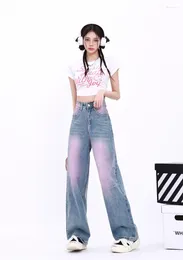 Women's Jeans Vintage Summer High Grade Spray Dyed Graffiti Loose Hip Hop Straight Tube Wide Leg Waisted
