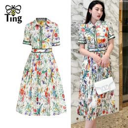 Tingfly Design Fashion Floral Print Vintage Elegant Summer Pleated Midi Long Dress Street Casual Lady Office Work Dresses 240410