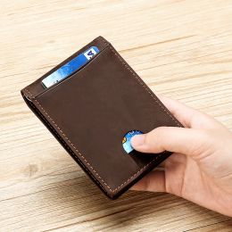 Holders RFID Antitheft Brush Slim Wallet for Men Genuine Leather Credit Card Holder with Money Clip Casual Male Cash Holder Money Bag