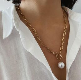 Pendant Necklaces SRCOI Metal Thick Chain White Pearl Balls Necklace Toggle Clasp Big Chunky Simple Punk Style Long Female14255483