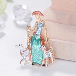 Brooches Lady Two Dogs Women Alloy Enamel Figure Animal Brooch Pins Year Gifts Bag Lapel Suit Scarf Clip