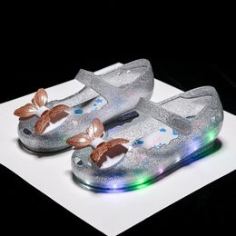 S Jelly Shoes Bow Princess Children Kids Girls Sandals Led Light Luminous Casual Shoe Party Performance Dance 240408