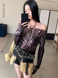 Women's T Shirts Yedinas Tie Dye Grunge Off Shoulder Shirt Women Clothes Long Sleeve Black Sheer Mesh Tops Korean Fashion Tee Femme Y2k