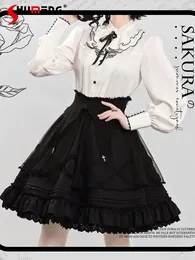 Work Dresses Japanese Style Lolita Cute Skirt Set For Women Elegant 2024 Spring Sweet Ladies Long Sleeve Ruffles Shirt Black Skirts Suit