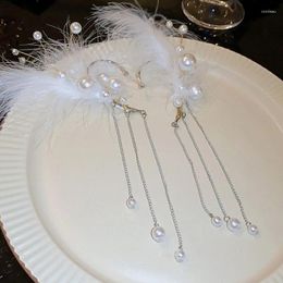 Dangle Earrings Fashion White Feather Clip Elegant Pearl Long Tassel Ear Cuff Jewelry Gift Simple Climber Wrap Dropship