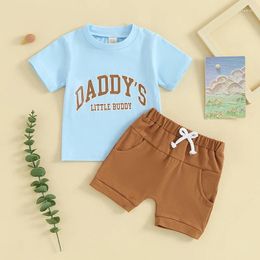 Clothing Sets Listenwind Toddler Boy 2024 Summer Clothes Letter Print Short Sleeve T-Shirt With Elastic Waist Solid Colour Shorts 2Pcs Outfit