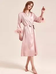 Home Clothing Custom High Quality Pure Silk Elegant Women's Long Robe Sleeping Wear With Feather