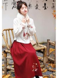 Work Dresses 2024 Autumn Winter Women 2 Pieces Sets Vintage Chinese Style Faux Coats High Wiaist Embroidery Midi Skirts Suits Hanfu Suit