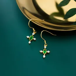 Dangle Earrings Court 18k Gold Small Authentic 925 Sterling Silver Fine Jewelry Green Emerald &white Crystal Cross Hook C-G4072