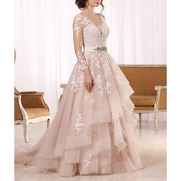 Vintage Long Sleeve Sheer Neck Garden Wedding Dresses with Beading Sash A-Line Ivory Tulle V-Neck Ruffles Lace Up Back Sweep Train Bridal Gowns for Women