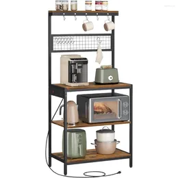 Kitchen Storage Coffee Bar Stand With Adjustable Shelf Grid Panel 12 Hooks Table For Microwave Rustic Brown And Ink Black