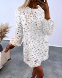 Casual Dresses Womens Spring Fashion Contrast Sequin Fluffy Long Sleeve Colorblock Round Neck Daily Straight Mini Dress
